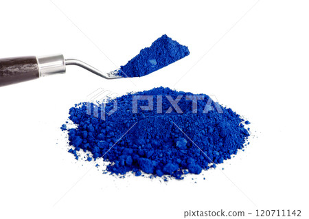 Bright Blue Pigment on a Palette With a Tool for Mixing and Application 120711142