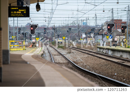 Platform and empty railway tracks at the Brussels North station, Belgium 120711263