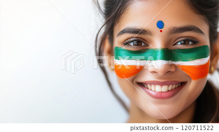 Portrait of smiling woman with indian flag face paint celebrating national pride 120711522