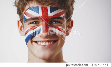 Patriotic portrait: young man with british flag face paint for national celebration 120711541