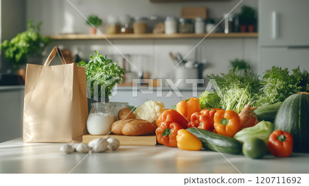Fresh grocery delivery unpacked in modern kitchen for healthy living and cooking inspiration 120711692
