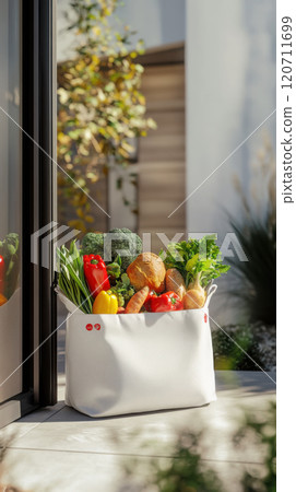 Eco-friendly grocery delivery bag with fresh vegetables in sunlit garden setting 120711699