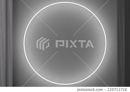 Abstract industrial-style concrete background with modern circular white neon light accent. Sleek and contemporary design perfect for minimalist and industrial themes. Copy space in the middle. 3D. 120711728
