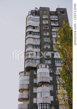 Soviet multi-storey residential building with round and rectangular balconies 120711840