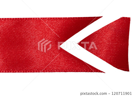 Piece of red silk ribbon with sharp end on isolated background, decor Piece of red silk ribbon with sharp end on isolated background, decor 120711901
