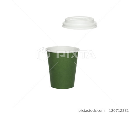 Aromatic coffee in takeaway green paper cup in air on white background 120712281