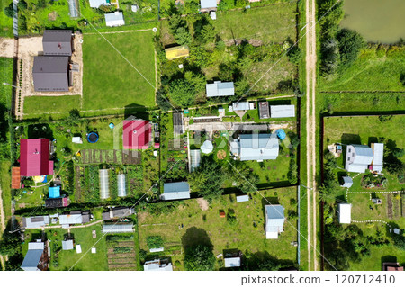 Aerial view of a vibrant rural community with gardens and homes nestled in green landscapes 120712410