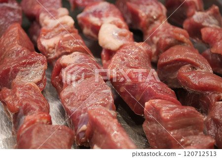 Deliciously Freshly Cut Raw Meat Skewers Perfectly Prepared and Ready for Grilling Anytime 120712513