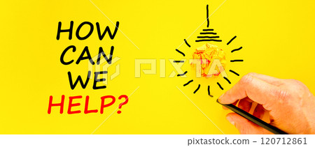 How can we help symbol. Concept words How can we help on beautiful yellow paper. Beautiful yellow background. Businessman hand with pen. Business and how can we help concept. Copy space. How can we help symbol. Concept words How can we help on beautiful yellow paper. Beautiful yellow background. Businessman hand with pen. Business and how can we help concept. Copy space. 120712861