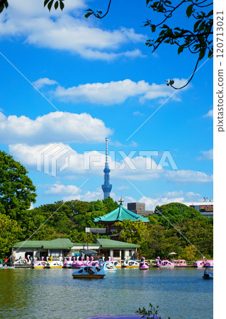 休閒船和東京天空樹在上野的二宮池塘 120713021