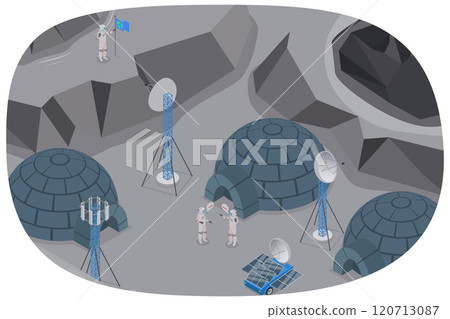 3D Isometric Flat  Illustration of Earth Satellite Exploration, Moon Surface. 120713087