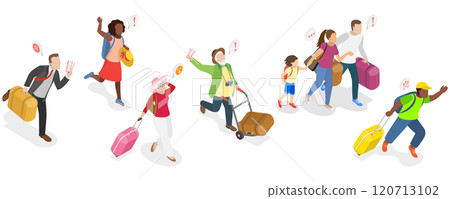 3D Isometric Flat  Illustration of Hurrying Tourists, Fast-Paced Visitors in a Hurry 120713102