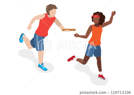 3D Isometric Flat  Illustration of Thrilling Relay Race, Speedy and Precise Relay Race Demonstrates Male and Female Sprinters Teamwork. 120713106