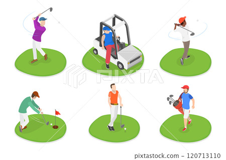 3D Isometric Flat Illustration of Golfers, Players on the Course with Clubs and Carts 3D Isometric Flat Illustration of Golfers, Players on the Course with Clubs and Carts 120713110