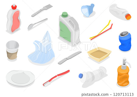 3D Isometric Flat  Set of Plastic Waste, Environmental Pollution 120713113