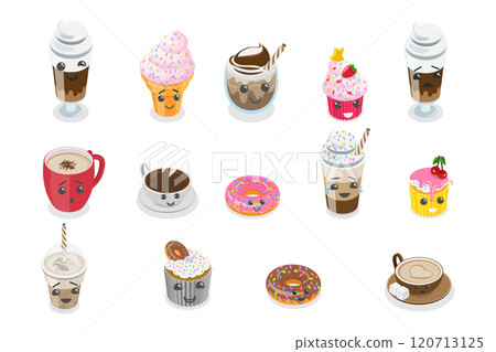 3D Isometric Flat Set of Cute Kawaii Foods, Funny Characters 3D Isometric Flat Set of Cute Kawaii Foods, Funny Characters 120713125