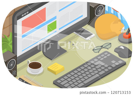 3D Isometric Flat Illustration of Freelance Workplace, Working at Home Office Desk 3D Isometric Flat Illustration of Freelance Workplace, Working at Home Office Desk 120713153
