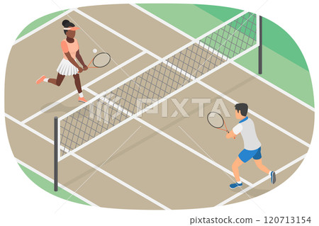 3D Isometric Flat  Illustration of Playing Tennis on Court, Active Lifestyle 120713154