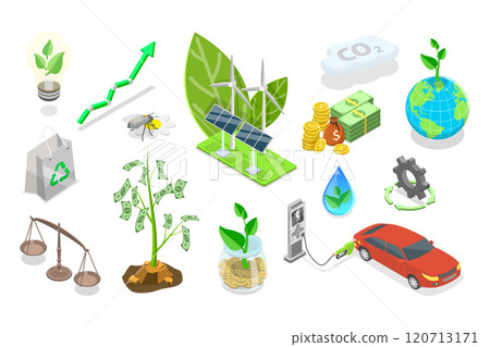 3D Isometric Flat  Set of Sustainable Investment Elements, Ethical Business, Green and Environmental Goals 120713171