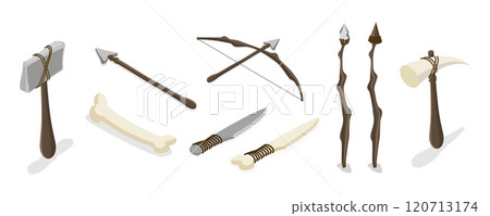 3D Isometric Flat  Set of Primal Stone Age Tools, Prehistoric Weapons 120713174