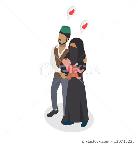 3D Isometric Flat Illustration of Muslim Family, People in Traditional Clothing 3D Isometric Flat Illustration of Muslim Family, People in Traditional Clothing 120713223