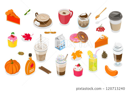 3D Isometric Flat  Set of Coffee and Treats, Fall Vibes Beverage 120713240