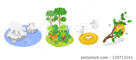 3D Isometric Flat  Illustration of Wild Animals Habitat Types, Geographical Wildlife Biodiversity 120713241