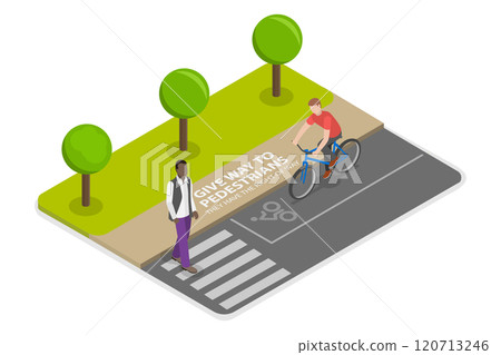 3D Isometric Flat  Illustration of Yield to a Pedestrian , Rules for Safely Riding a Bicycle and Following Traffic Regulations 120713246
