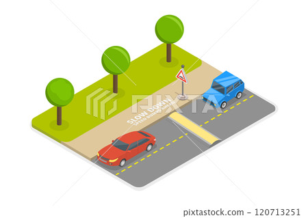 3D Isometric Flat Illustration of Reaching a Speed Bump, Safety Car Driving Rules 3D Isometric Flat Illustration of Reaching a Speed Bump, Safety Car Driving Rules 120713251