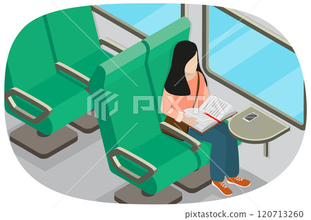 3D Isometric Flat  Illustration of Reading in a Train, Relaxation While Commuting 120713260
