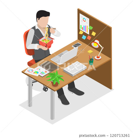 3D Isometric Flat  Illustration of Quiet Workplace , Man Having a Peaceful Lunch Break at Work. 120713261