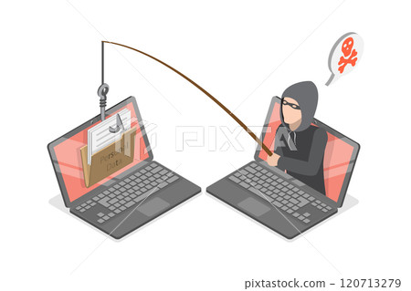 3D Isometric Flat Illustration of Phishing Scam, Cyber Crime, Hacker Attack 3D Isometric Flat Illustration of Phishing Scam, Cyber Crime, Hacker Attack 120713279