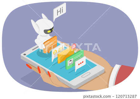 3D Isometric Flat  Illustration of Mobile Chatbot, App for SMS Messaging on smartphone with Chat Bot. 120713287