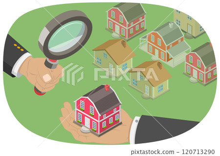 3D Isometric Flat Illustration of Looking for Real Estate, Efficiente Search for Properties 3D Isometric Flat Illustration of Looking for Real Estate, Efficiente Search for Properties 120713290