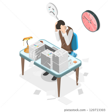 3D Isometric Flat Illustration of Time Management, Nervous Man Writing an Exam 3D Isometric Flat Illustration of Time Management, Nervous Man Writing an Exam 120713303
