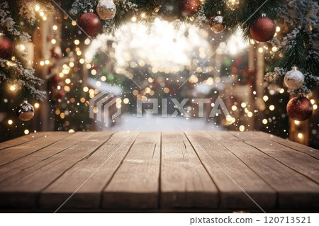 Christmas scene with wooden table surface. Christmas card mockup. Blurred background with golden confetti and bokeh lights. 120713521