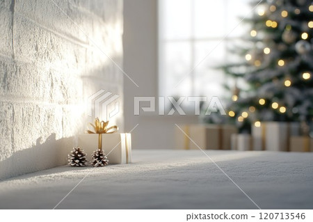 White wall with a Christmas tree and presents in the background. Soft light from a window creates a peaceful scene. Christmas or New Year background. 120713546