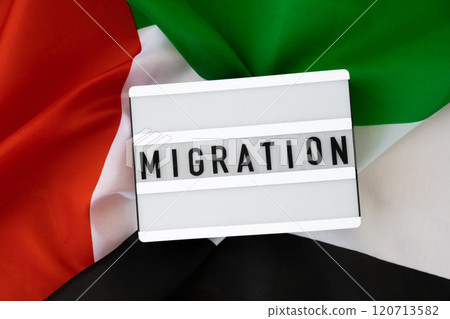 Message MIGRATION on background of UAE flag made from silk. United Arab Emirates national flag with concept of tourism and traveling. Dubai welcoming card Message MIGRATION on background of UAE flag made from silk. United Arab Emirates national flag with concept of tourism and traveling. Dubai welcoming card 120713582