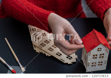 Sustainableminded Christmas cozy atmospheric festive decor in modern scandinavian home handmade decoration. Tutorial for making do it yourself craft wooden houses. Seasonal activity for kids Sustainableminded Christmas cozy atmospheric festive decor in modern scandinavian home handmade decoration. Tutorial for making do it yourself craft wooden houses. Seasonal activity for kids 120713613