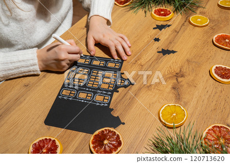 Christmas Gingerbread Paper black House Gift idea. Do it yourself instruction eco-friendly decoration. Zero waste Making handmade presents children's diy projects. Holiday family time 120713620
