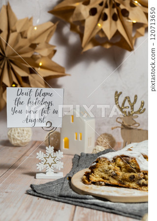 Greeting card with message DON'T BLAME HOLIDAYS YOU WERE FAT IN AUGUST joke pun humor Christmas Stollen in Christmas lights and decoration. Traditional sweet fruit loaf with icing sugar festive pastry Greeting card with message DON'T BLAME HOLIDAYS YOU WERE FAT IN AUGUST joke pun humor Christmas Stollen in Christmas lights and decoration. Traditional sweet fruit loaf with icing sugar festive pastry 120713650