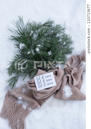Postcard with text LET IT SNOW TIME Reusable shopping bag with fir spruce green branches in snowy outdoor winter forest background. Merry Christmas and new year concept. Natural bouquet greeting card 120713677