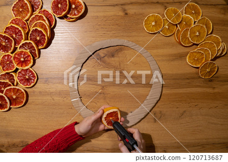 Step 1 Handmade Christmas wreath from dried orange grapefruit slices. Woman using hot glue Festive holiday preparation craft master class of creative making decor. Hands-on activities sustainable 120713687