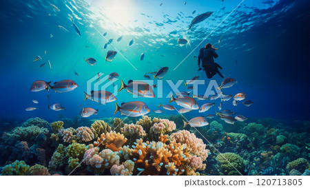 珊瑚礁魚和潛水員的插圖 珊瑚礁魚和潛水員的插圖 120713805