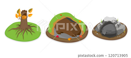 3D Isometric Flat  Set of Cartoon Woodland Animals, Wild Animals Sleeping in Holes 120713905