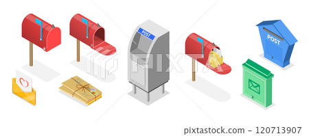 3D Isometric Flat Set of Mailboxes, Post Elements 3D Isometric Flat Set of Mailboxes, Post Elements 120713907
