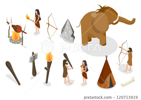 3D Isometric Flat Set of Stone Age Elements, Primitive Humen 3D Isometric Flat Set of Stone Age Elements, Primitive Humen 120713919
