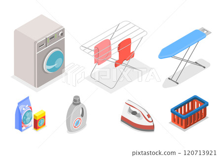 3D Isometric Flat  Set of Laundry Service , Housekeeping and Cleanliness 120713921