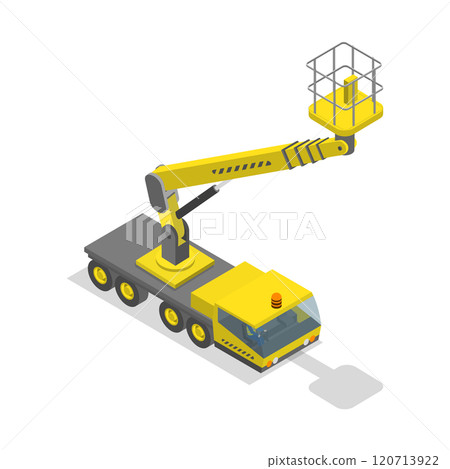 3D Isometric Flat  Set of Modern Truck-mounted, Installation Work at Height 120713922