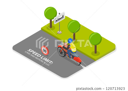 3D Isometric Flat Illustration of Safe Moto Riding Tips, Motorcycle Driving Practice 3D Isometric Flat Illustration of Safe Moto Riding Tips, Motorcycle Driving Practice 120713923